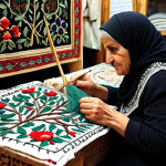 **

A Palestinian woman, possibly elderly, in a small shop in the Old City of Jerusalem, meticulously embroidering a traditional garment. Focus on the "cypress tree" design she's creating. Capture the cultural significance and the enduring spirit of the land reflected in her work. Emphasize the intricate detail and the generational knowledge passed down.
**