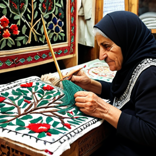 **

A Palestinian woman, possibly elderly, in a small shop in the Old City of Jerusalem, meticulously embroidering a traditional garment. Focus on the "cypress tree" design she's creating. Capture the cultural significance and the enduring spirit of the land reflected in her work. Emphasize the intricate detail and the generational knowledge passed down.
**