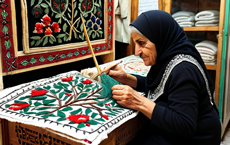 **

A Palestinian woman, possibly elderly, in a small shop in the Old City of Jerusalem, meticulously embroidering a traditional garment. Focus on the "cypress tree" design she's creating. Capture the cultural significance and the enduring spirit of the land reflected in her work. Emphasize the intricate detail and the generational knowledge passed down.
**