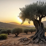 **Prompt:** A solitary, gnarled olive tree standing defiant in a war-torn landscape, its branches reaching towards a hopeful sunrise. In the style of a melancholic realism painting. Influenced by Palestinian art. Symbolizes resilience and return. Cinematic lighting.