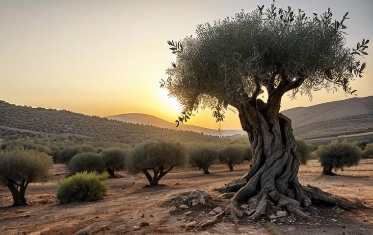**Prompt:** A solitary, gnarled olive tree standing defiant in a war-torn landscape, its branches reaching towards a hopeful sunrise. In the style of a melancholic realism painting. Influenced by Palestinian art. Symbolizes resilience and return. Cinematic lighting.